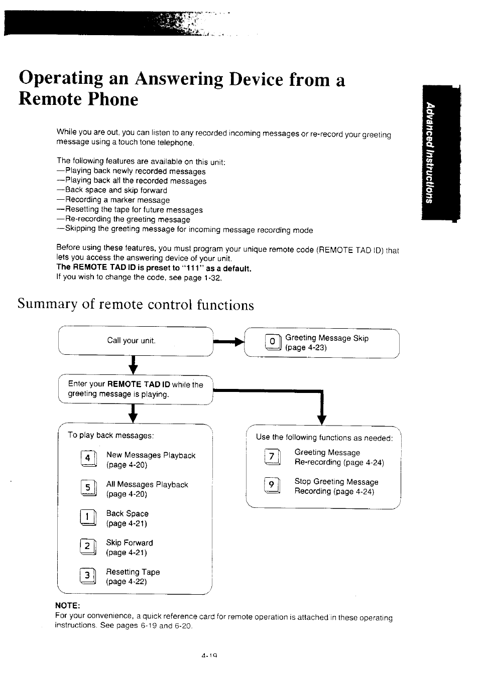 Operating an answering device from a remote phone, Summary of remote control functions, Note | Summary of remote control functions -19 | Panasonic KX-F2350NZ User Manual | Page 85 / 129