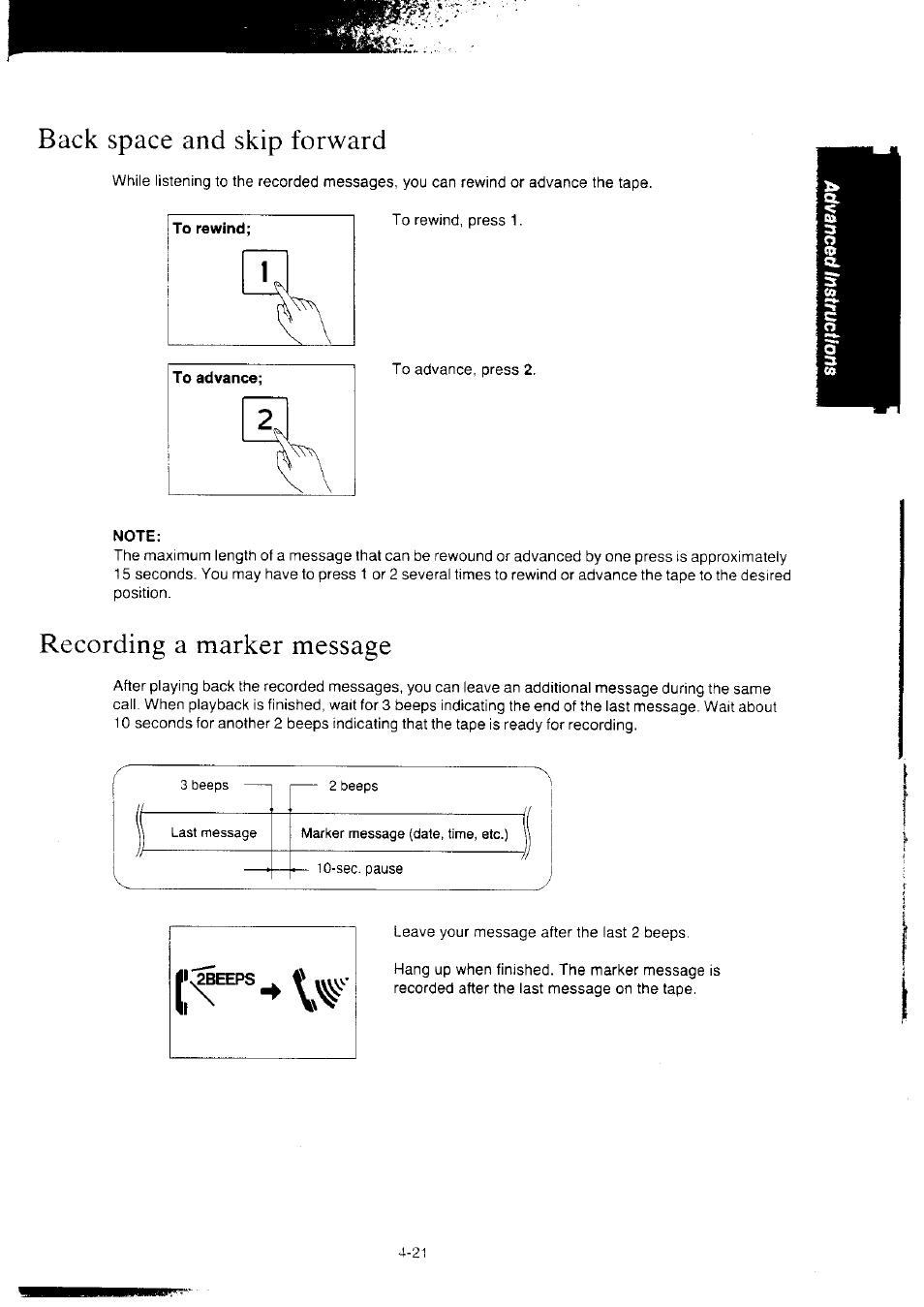 Back space and skip forward, Note, Recording a marker message | Panasonic KX-F2350NZ User Manual | Page 87 / 129