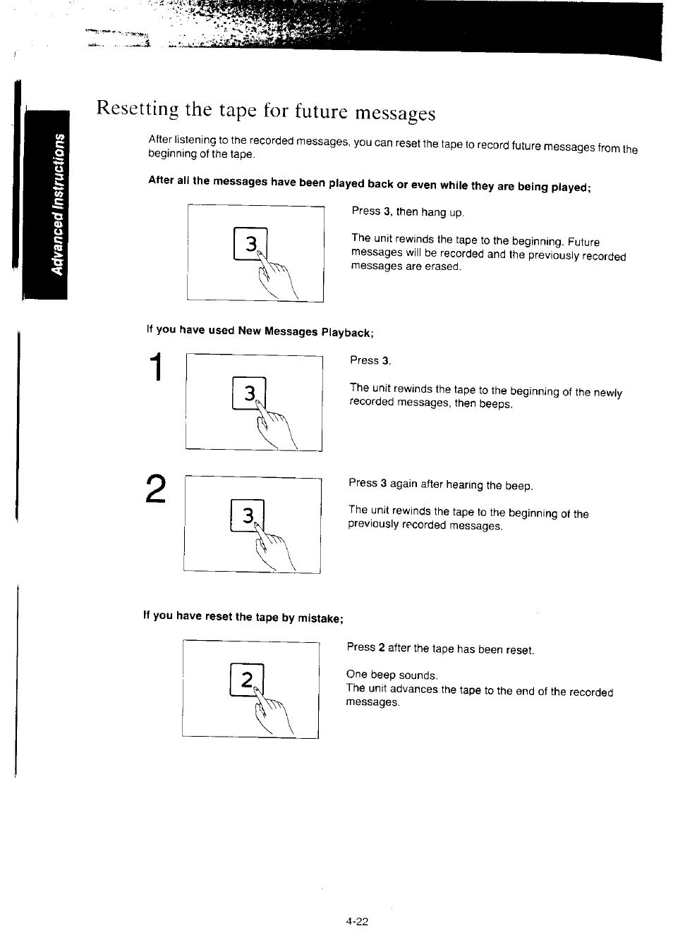 Resetting the tape for future messages, If you have used new messages playback, If you have reset the tape by mistake | Resetting the tape for future messages -22 | Panasonic KX-F2350NZ User Manual | Page 88 / 129
