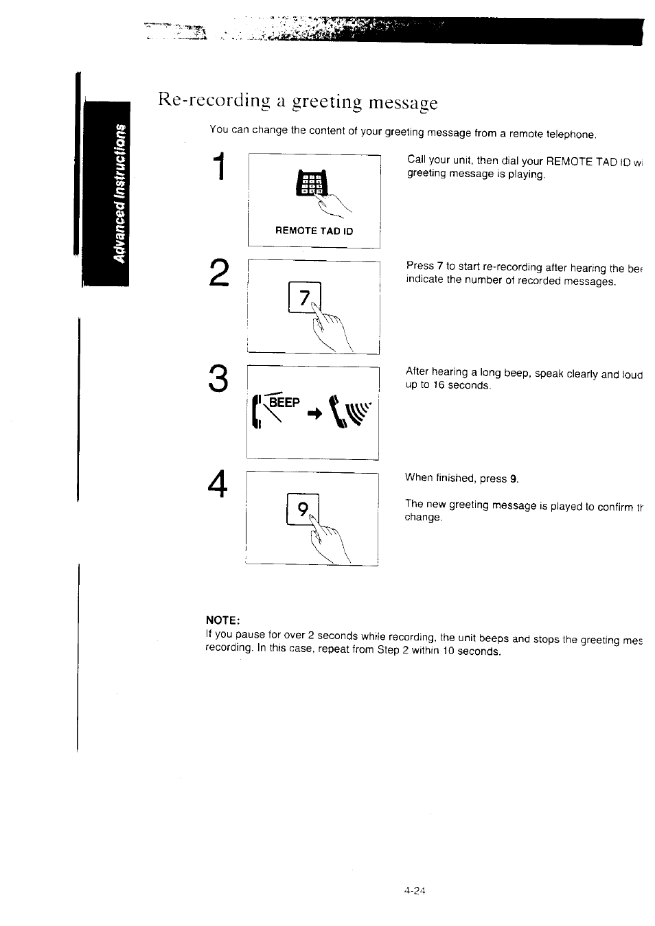 Re-recording a greeting message, Note, Re-recording a greeting message -24 | Panasonic KX-F2350NZ User Manual | Page 90 / 129