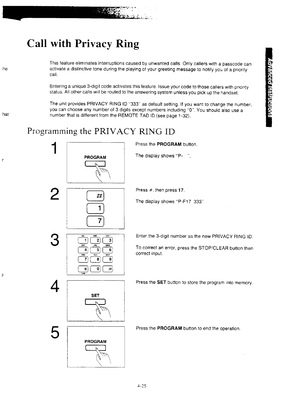 Call with privacy ring, Call with privacy ring -25, Programming the privacy ring id | Panasonic KX-F2350NZ User Manual | Page 91 / 129