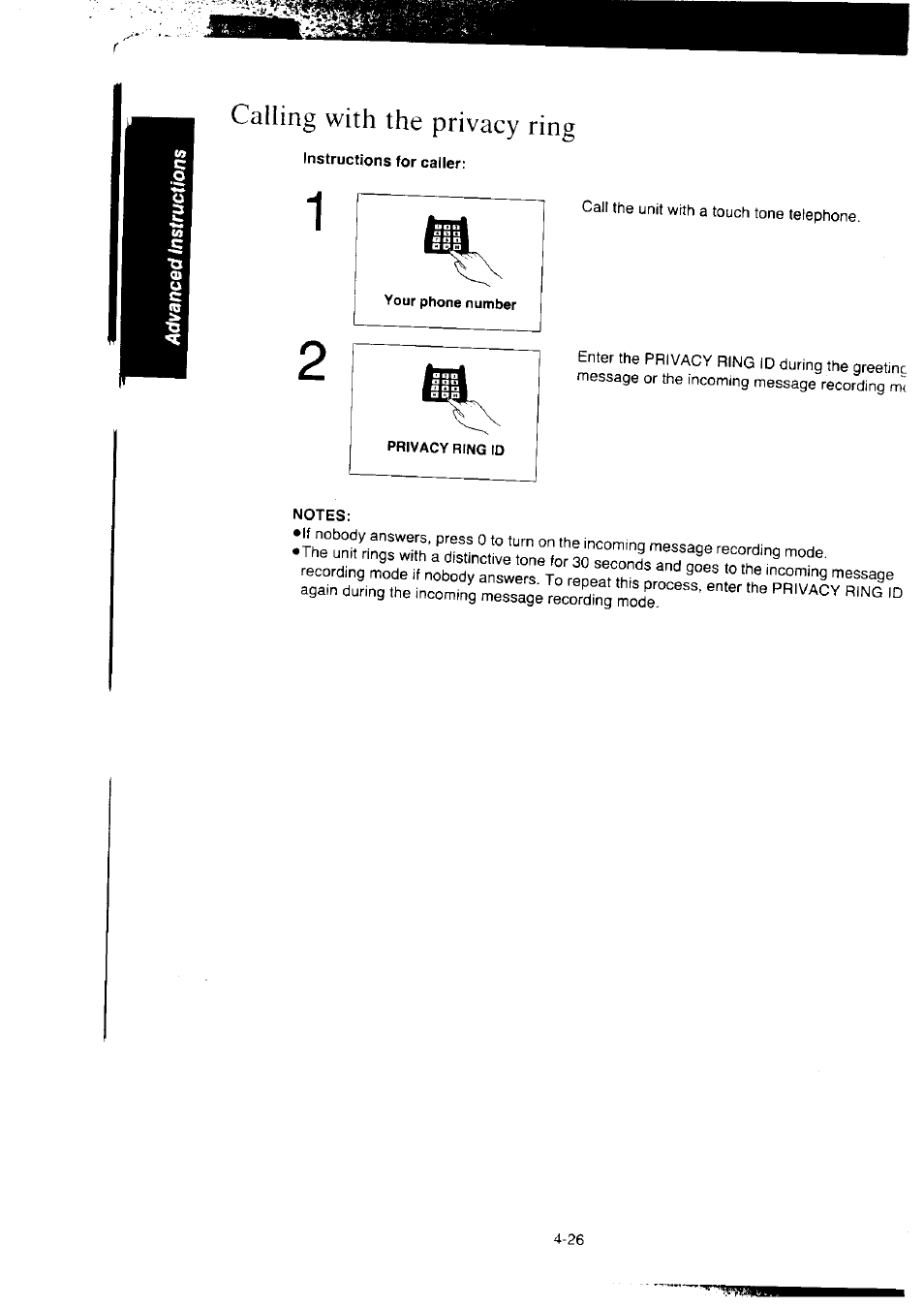 Calling with the privacy ring, Instructions for caller, Notes | Calling with the privacy ring -26 | Panasonic KX-F2350NZ User Manual | Page 92 / 129