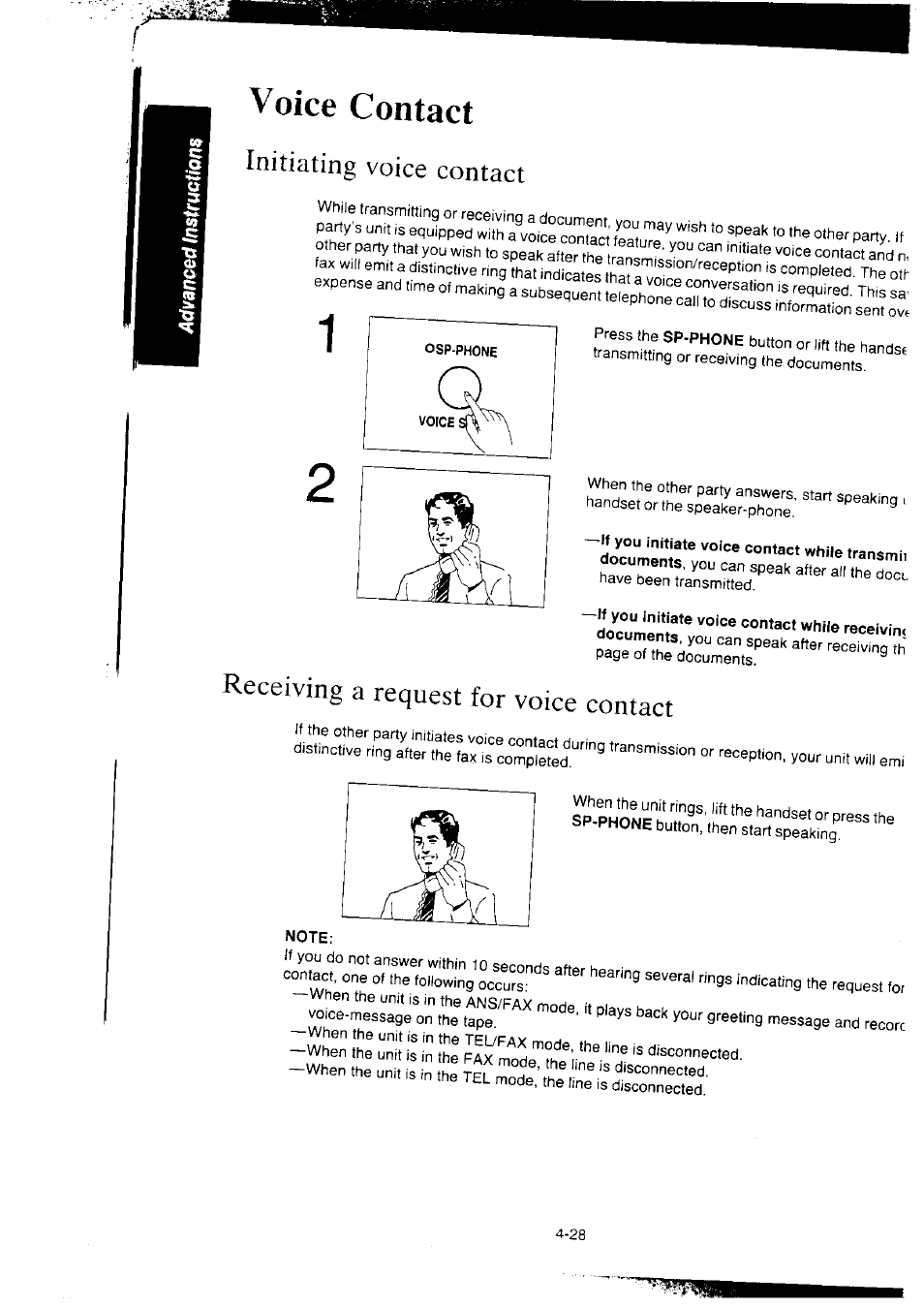 Voice contact, Initiating voice contact, Receiving a request for voice contact | Note, Voice contact -28, Initiating voice contact -28, Receiving a request for voice contact -28 | Panasonic KX-F2350NZ User Manual | Page 94 / 129