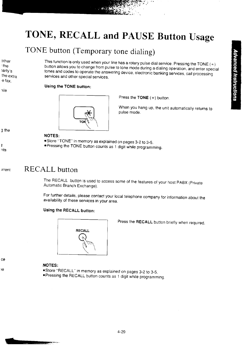 Tone, recall and pause button usage, Tone button (temporary tone dialing), Using the tone button | Notes, Recall button, Using the recall button, Using the help button | Panasonic KX-F2350NZ User Manual | Page 95 / 129