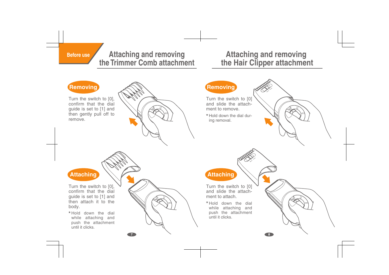 Attaching and removing the trimmer comb attachment, Attaching and removing the hair clipper attachment | Panasonic ER327 User Manual | Page 5 / 11