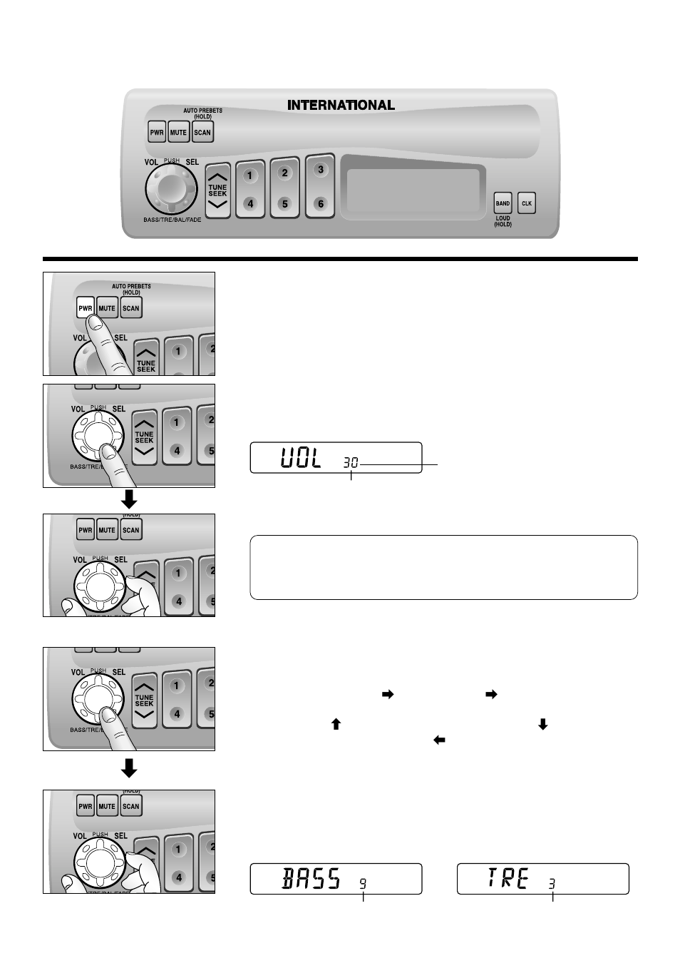 Power and sound controls, Power, Changing audio modes | Volume, Bass and treble | Panasonic CR-W400U User Manual | Page 5 / 20