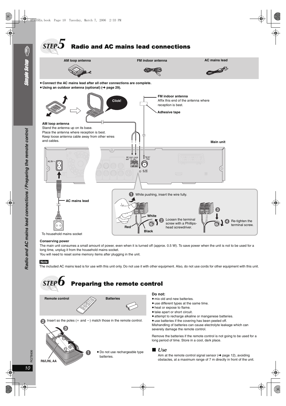 Step, Radio and ac mains lead connections, Preparing the remote control | Panasonic SC-HT855 User Manual | Page 10 / 44