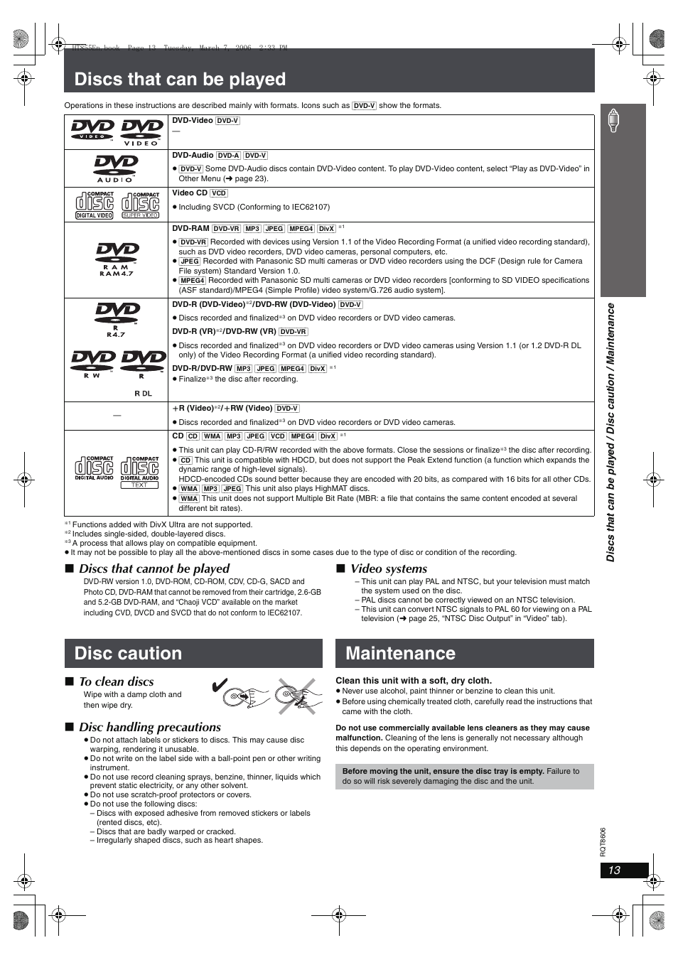 Discs that can be played, Disc caution maintenance, Discs that cannot be played | Video systems, Disc handling precautions | Panasonic SC-HT855 User Manual | Page 13 / 44