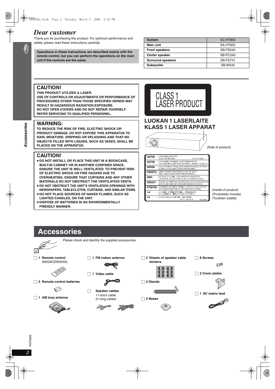 Accessories, Dear customer, Luokan 1 laserlaite klass 1 laser apparat | Caution, Warning, Ac ces sor ie s | Panasonic SC-HT855 User Manual | Page 2 / 44
