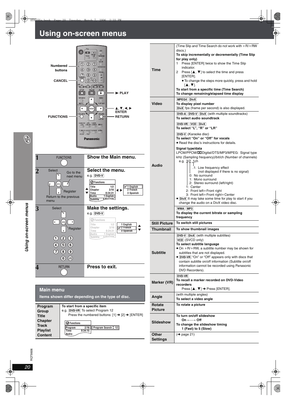 Using on-screen menus, Show the main menu, Select the menu | Make the settings, Press to exit. main menu | Panasonic SC-HT855 User Manual | Page 20 / 44