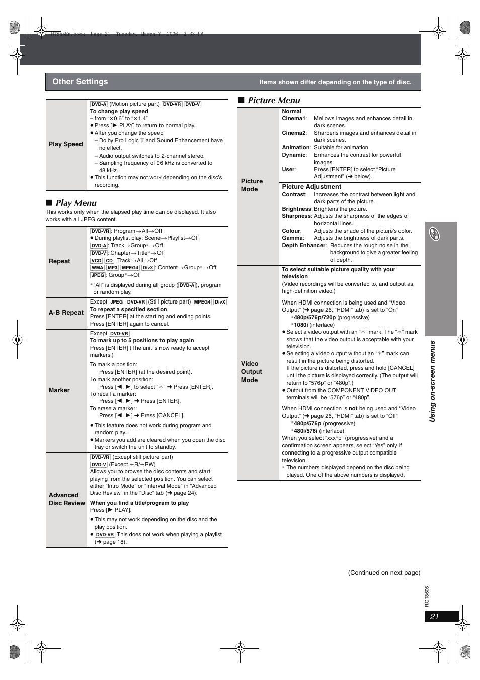 Play menu, Picture menu, Other settings | Panasonic SC-HT855 User Manual | Page 21 / 44
