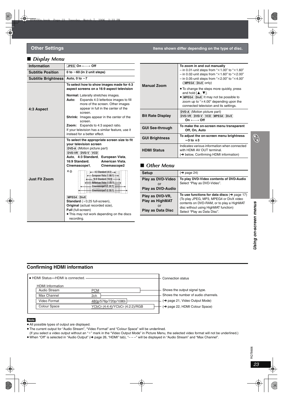 Display menu ∫ other menu, Confirming hdmi information, Other settings | Panasonic SC-HT855 User Manual | Page 23 / 44