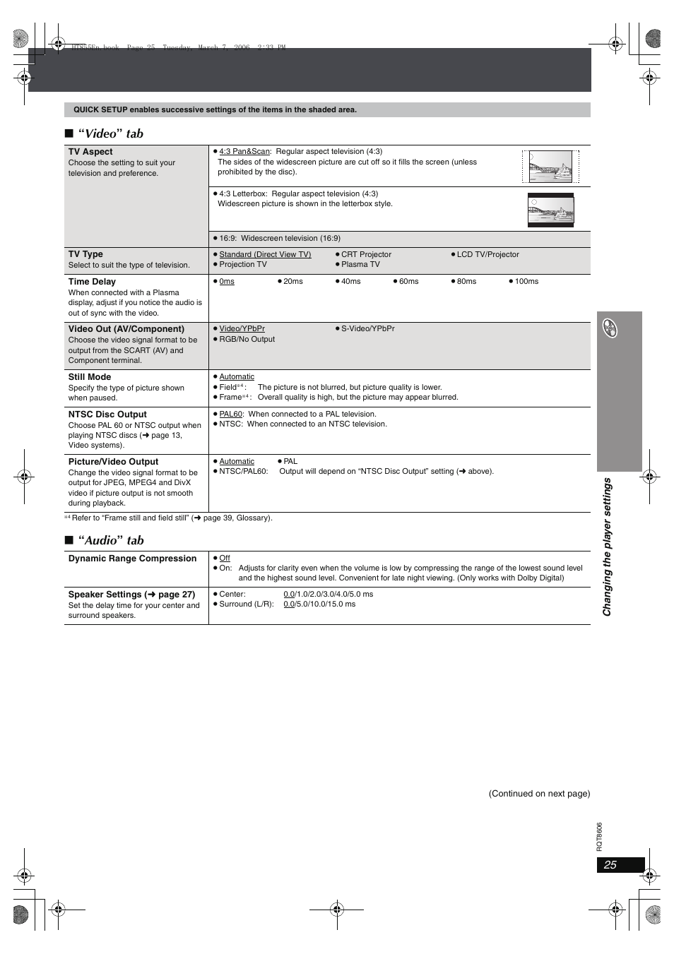 Video ” tab, Audio ” tab | Panasonic SC-HT855 User Manual | Page 25 / 44