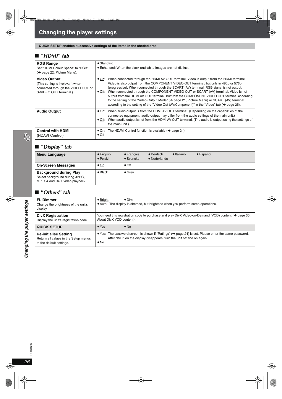 Changing the player settings, Hdmi ” tab ∫ “ display ” tab ∫ “ others ” tab | Panasonic SC-HT855 User Manual | Page 26 / 44