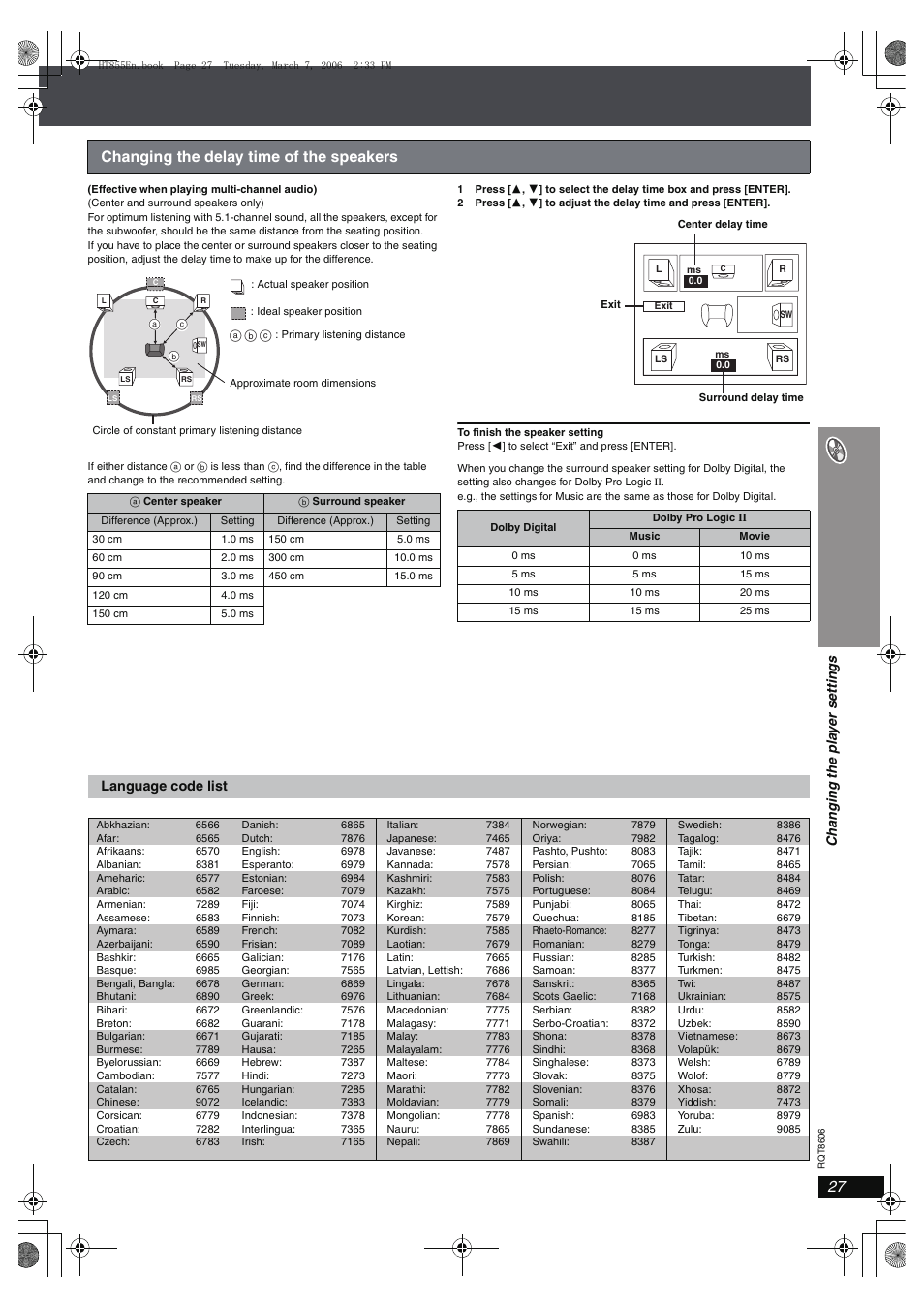 Changing the delay time of the speakers | Panasonic SC-HT855 User Manual | Page 27 / 44