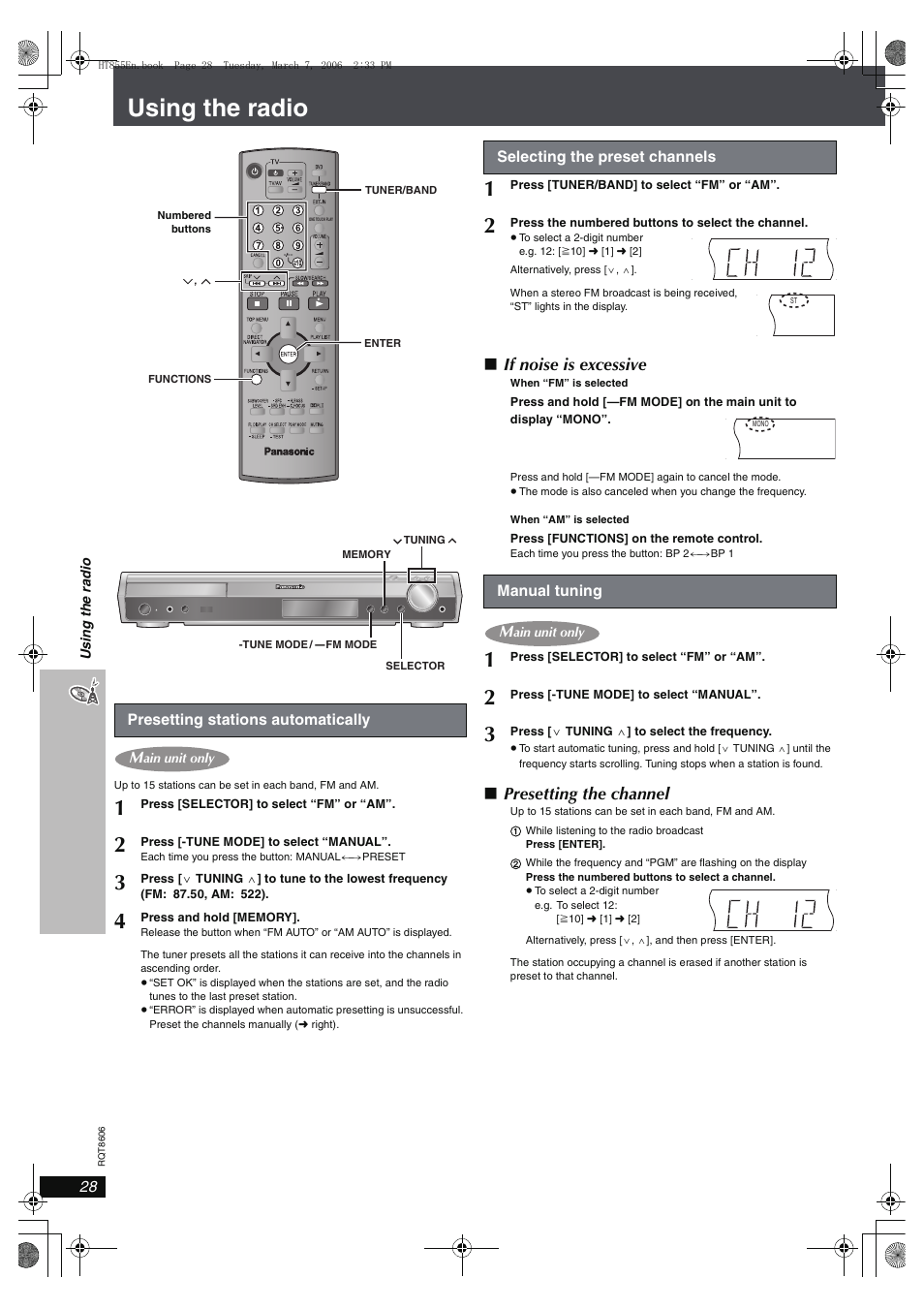Using the radio, If noise is excessive, Presetting the channel | Panasonic SC-HT855 User Manual | Page 28 / 44