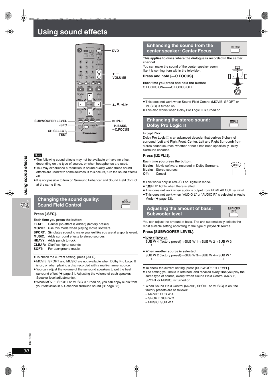 Using sound effects, Changing the sound quality: sound field control | Panasonic SC-HT855 User Manual | Page 30 / 44
