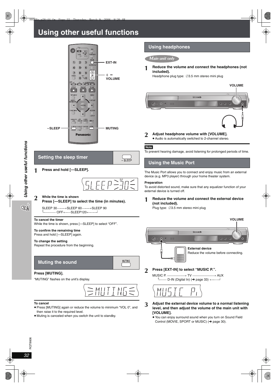 Using other useful functions, Setting the sleep timer, Muting the sound | Using headphones, Using the music port | Panasonic SC-HT855 User Manual | Page 32 / 44