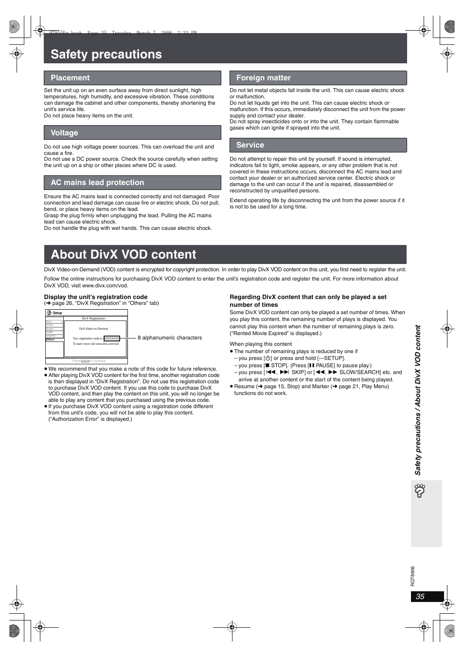 Safety precautions, About divx vod content | Panasonic SC-HT855 User Manual | Page 35 / 44