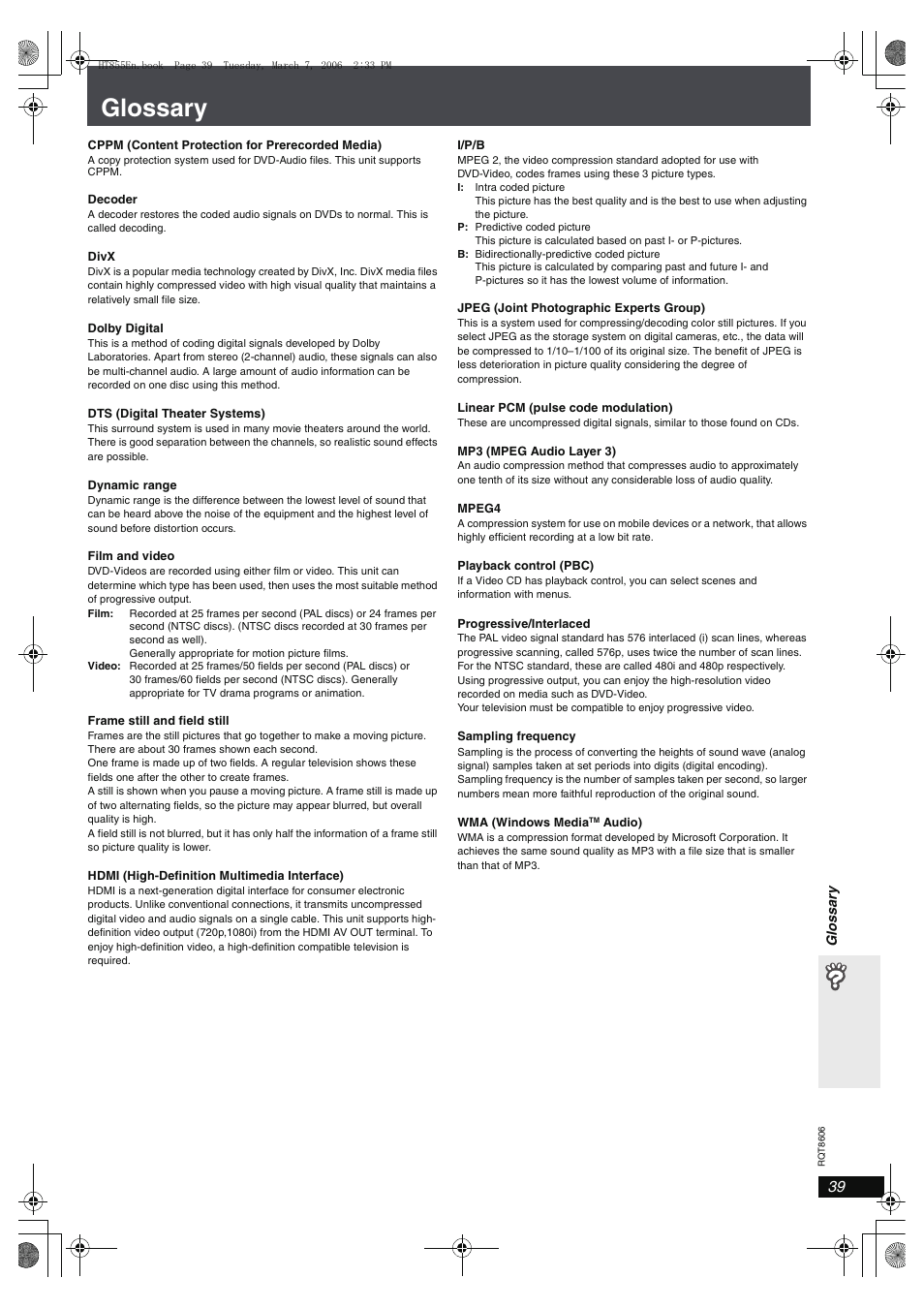 Glossary | Panasonic SC-HT855 User Manual | Page 39 / 44
