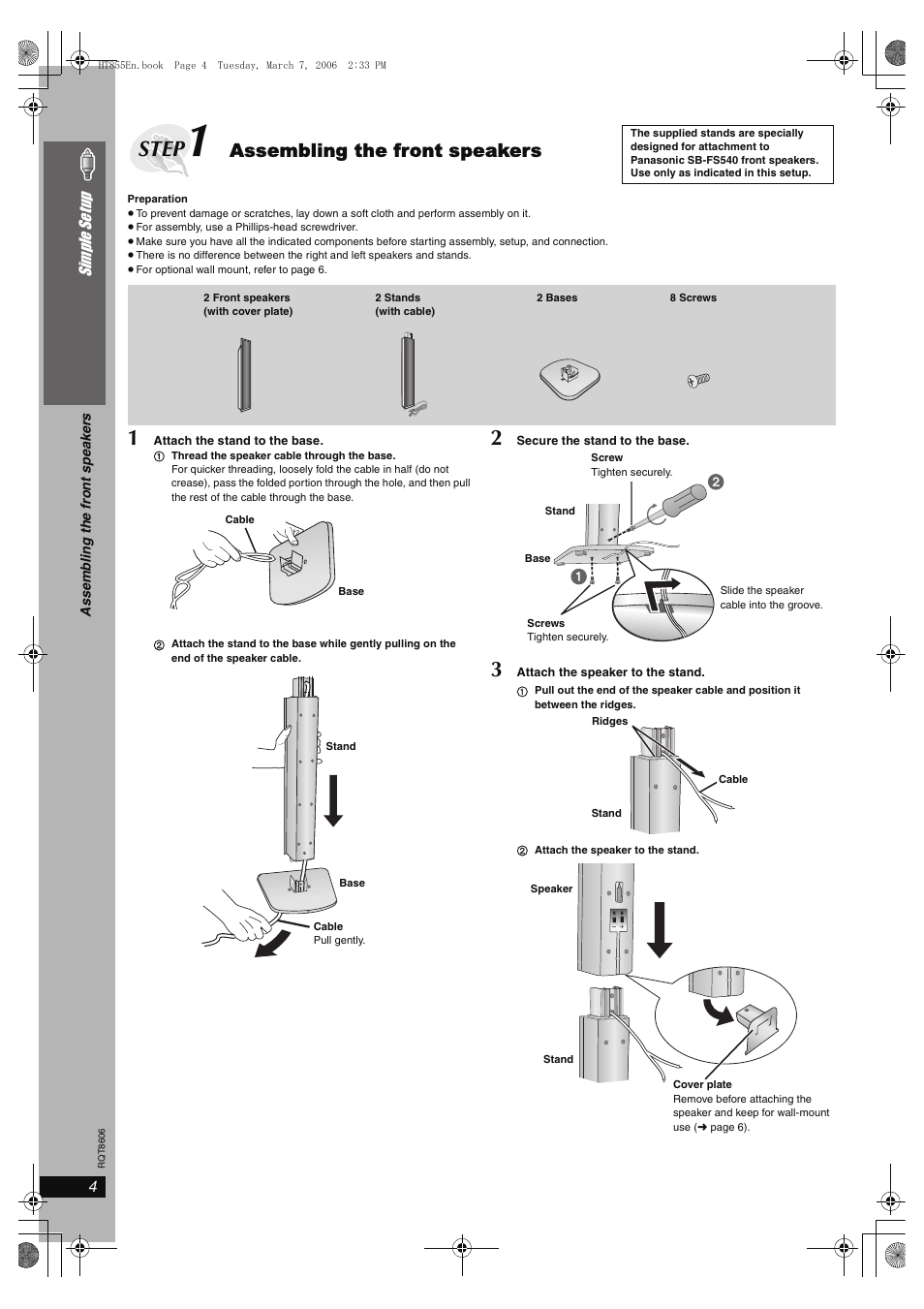 Step, Assembling the front speakers | Panasonic SC-HT855 User Manual | Page 4 / 44