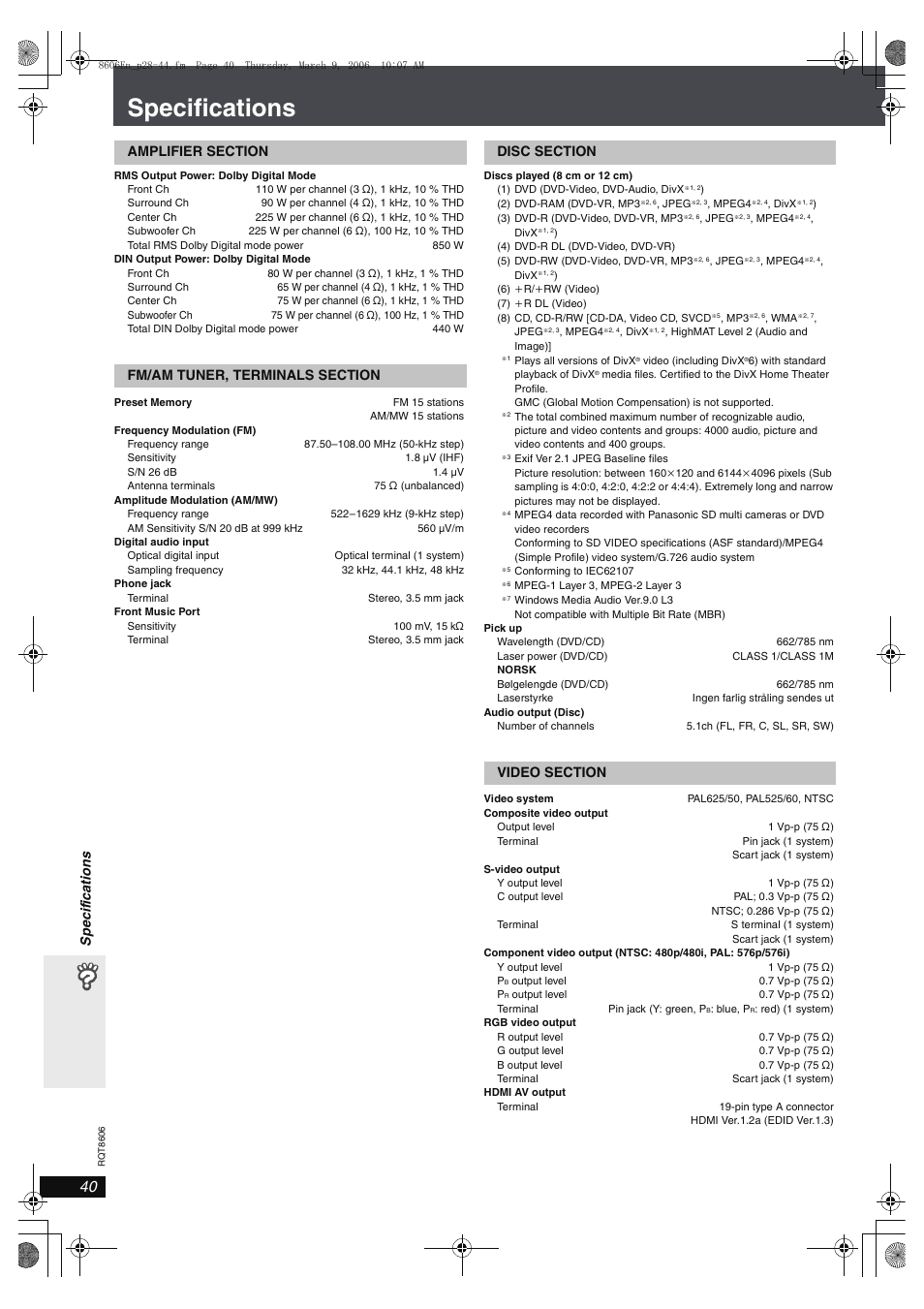 Specifications, Sp eci fica tions | Panasonic SC-HT855 User Manual | Page 40 / 44