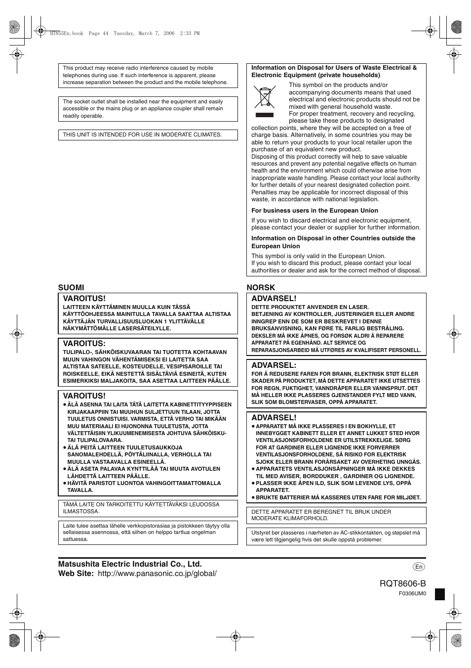 Rqt8606-b | Panasonic SC-HT855 User Manual | Page 44 / 44