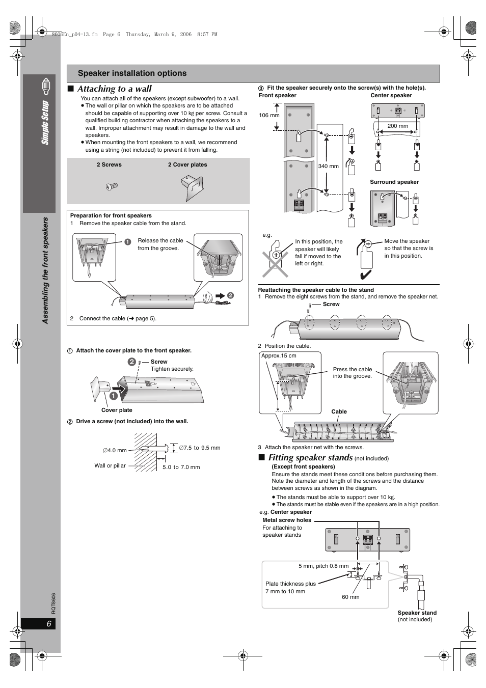 Attaching to a wall, Fitting speaker stands, 6simple se tu p | Panasonic SC-HT855 User Manual | Page 6 / 44