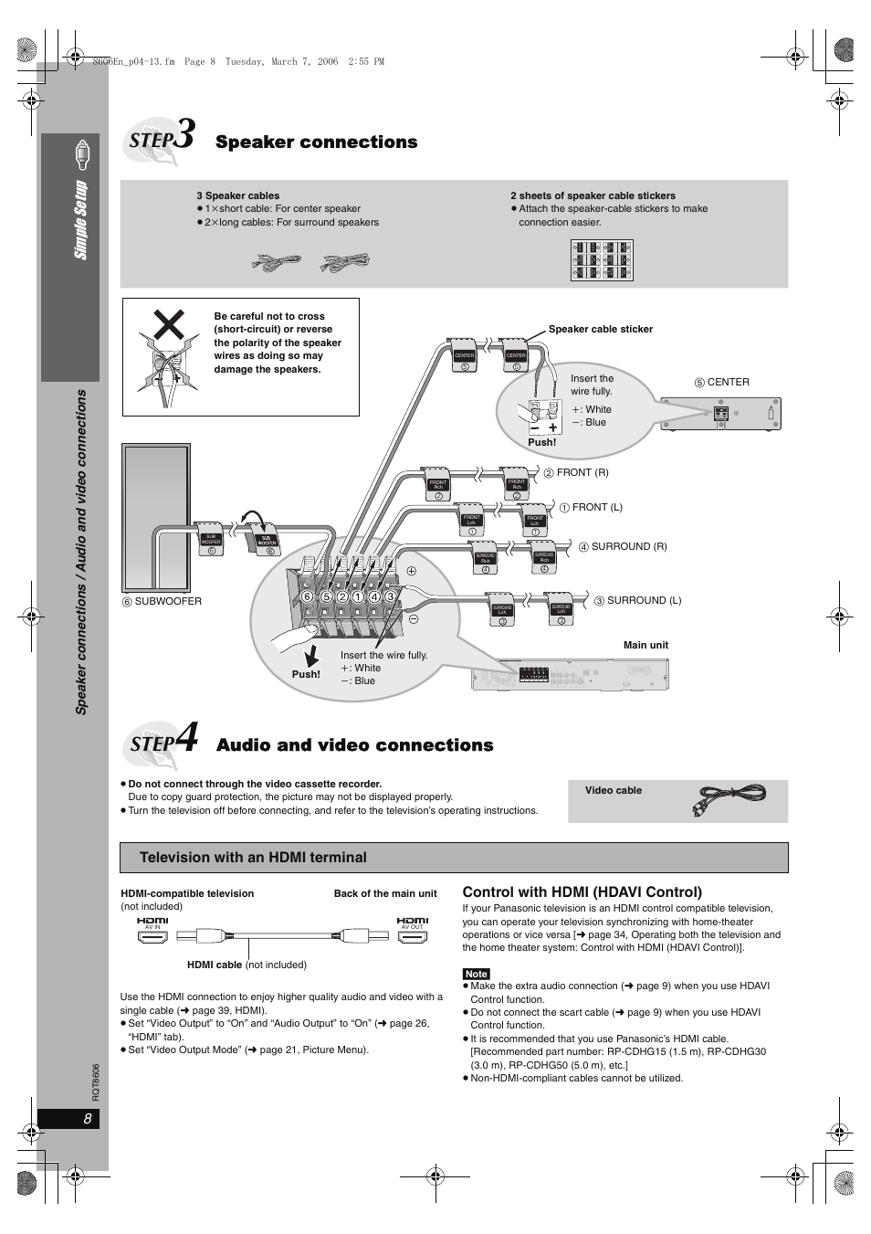 Step, Speaker connections, Audio and video connections | 8simple se tu p, Control with hdmi (hdavi control), Television with an hdmi terminal | Panasonic SC-HT855 User Manual | Page 8 / 44