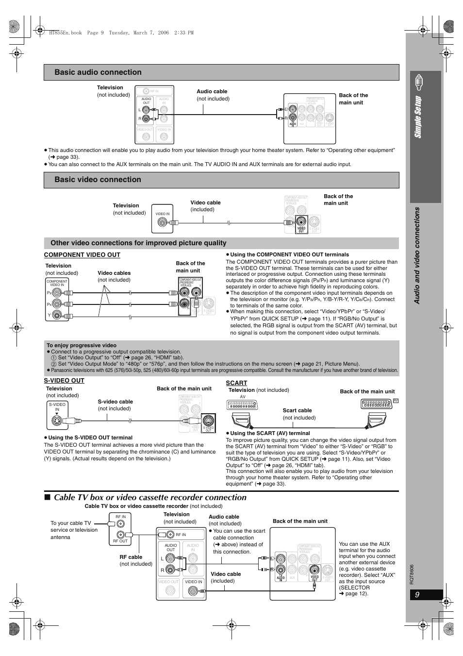 Cable tv box or video cassette recorder connection, 9simple se tu p, Basic audio connection basic video connection | Audio and vide o c onne ction s, Component video out, S-video out, Scart | Panasonic SC-HT855 User Manual | Page 9 / 44