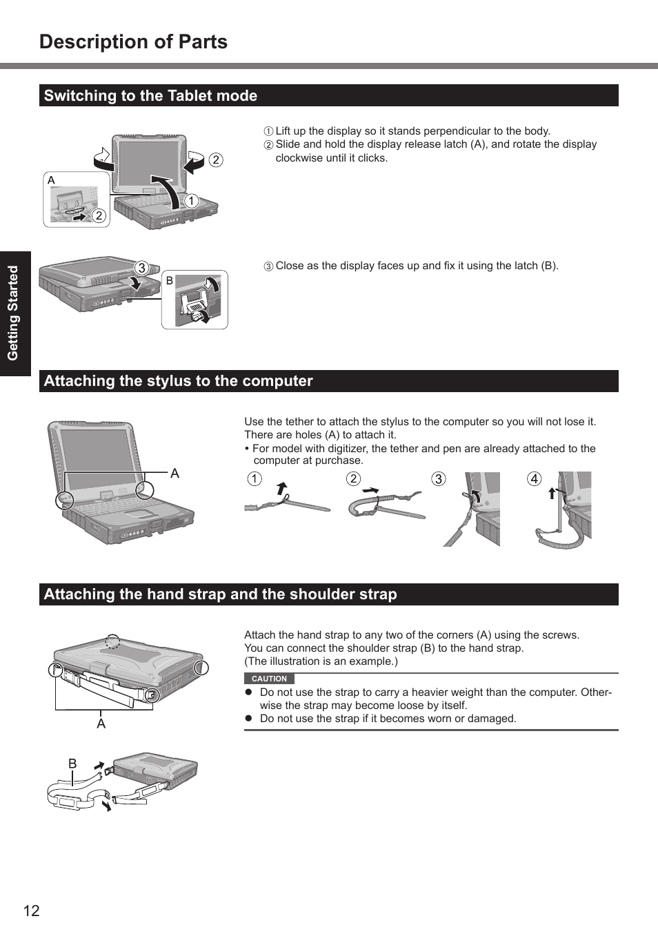 Description of parts, Switching to the tablet mode, Attaching the stylus to the computer | Attaching the hand strap and the shoulder strap | Panasonic CF-19 series User Manual | Page 12 / 40