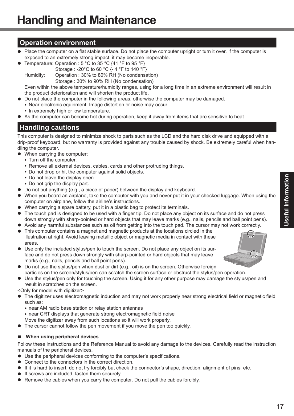 Handling and maintenance, Operation environment, Handling cautions | Panasonic CF-19 series User Manual | Page 17 / 40