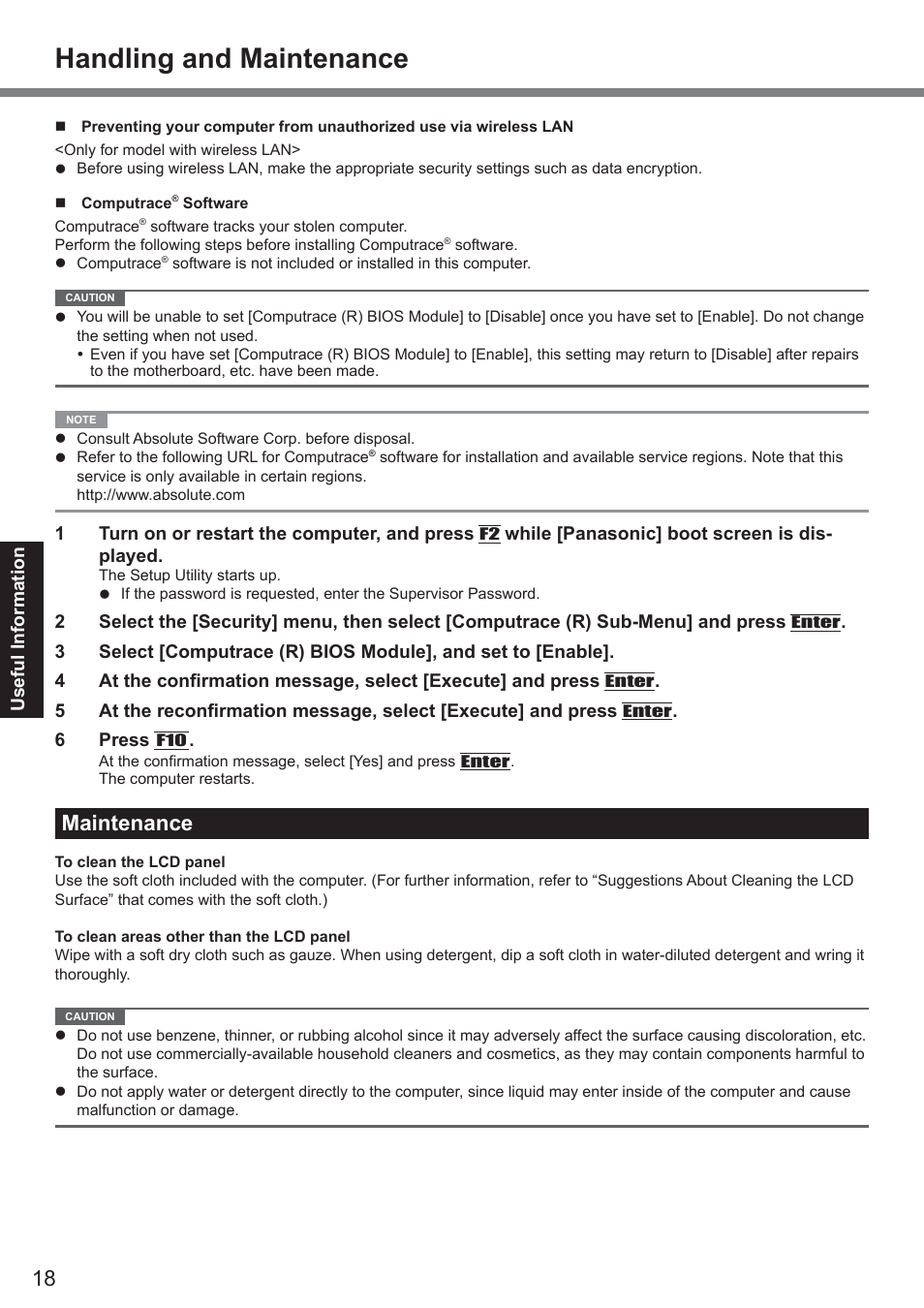 Handling and maintenance, Maintenance | Panasonic CF-19 series User Manual | Page 18 / 40