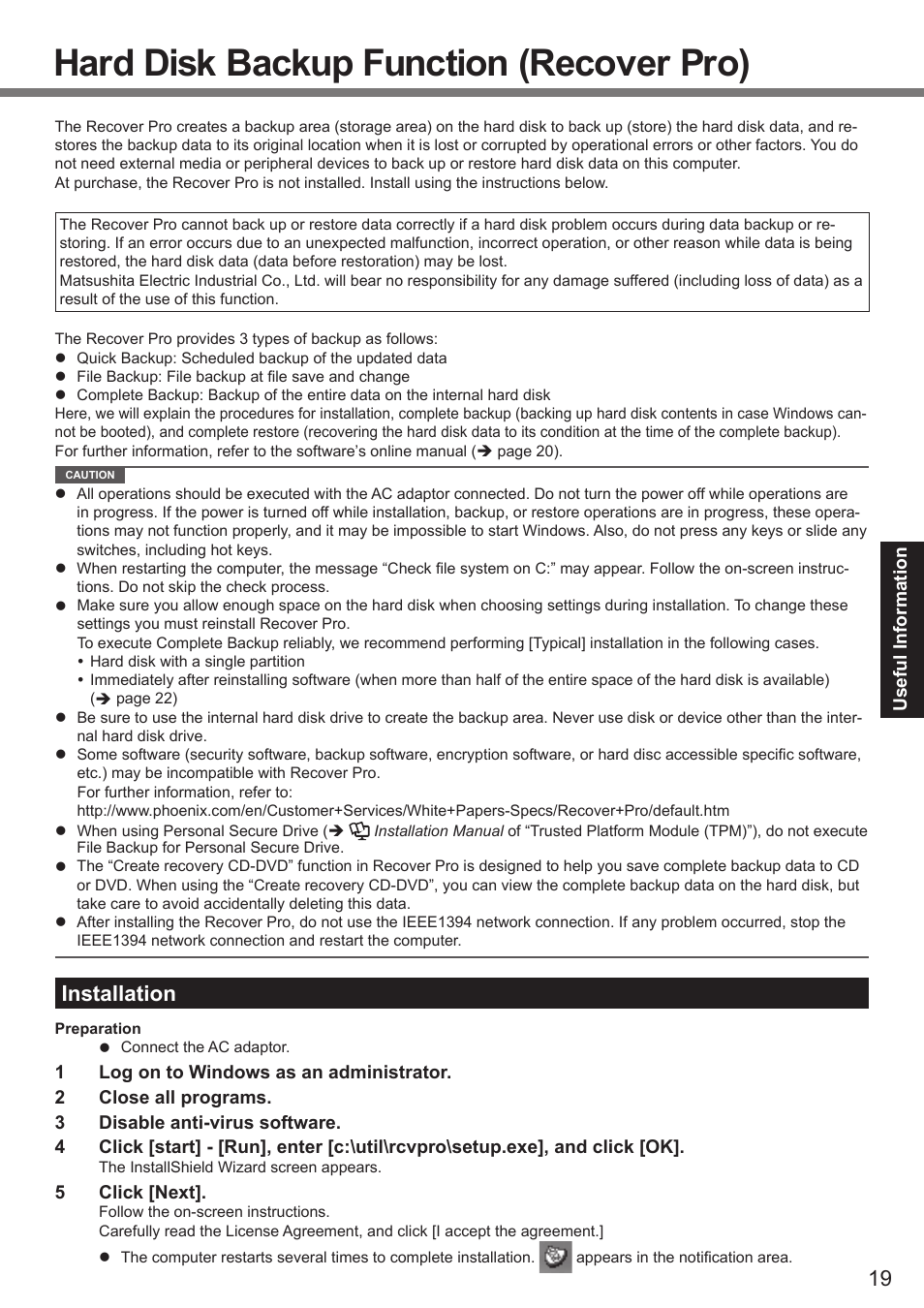 Hard disk backup function (recover pro), Installation | Panasonic CF-19 series User Manual | Page 19 / 40