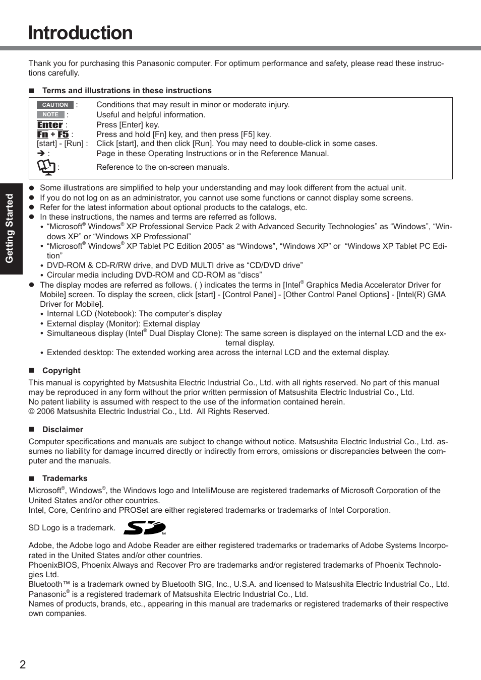 Introduction, Getting started | Panasonic CF-19 series User Manual | Page 2 / 40