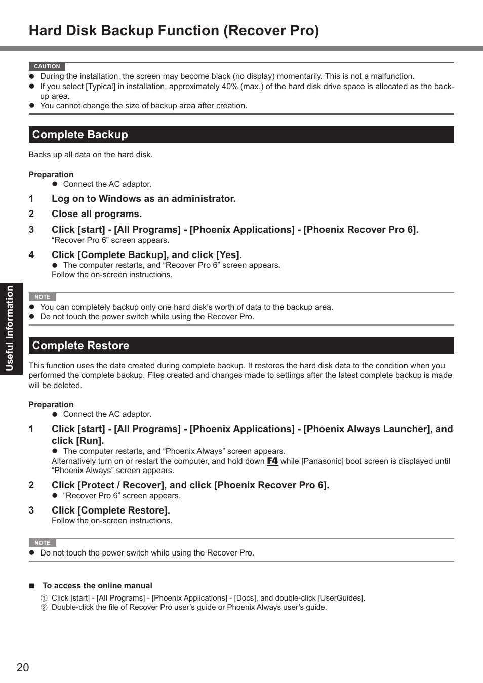 Hard disk backup function (recover pro), Complete backup, Complete restore | Panasonic CF-19 series User Manual | Page 20 / 40