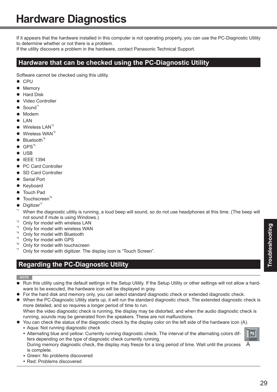 Hardware diagnostics, Regarding the pc-diagnostic utility, Troubleshooting | Panasonic CF-19 series User Manual | Page 29 / 40