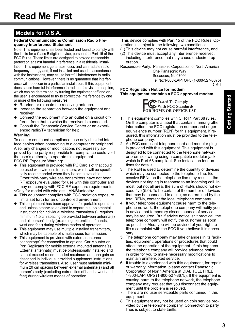 Read me first, Models for u.s.a | Panasonic CF-19 series User Manual | Page 3 / 40