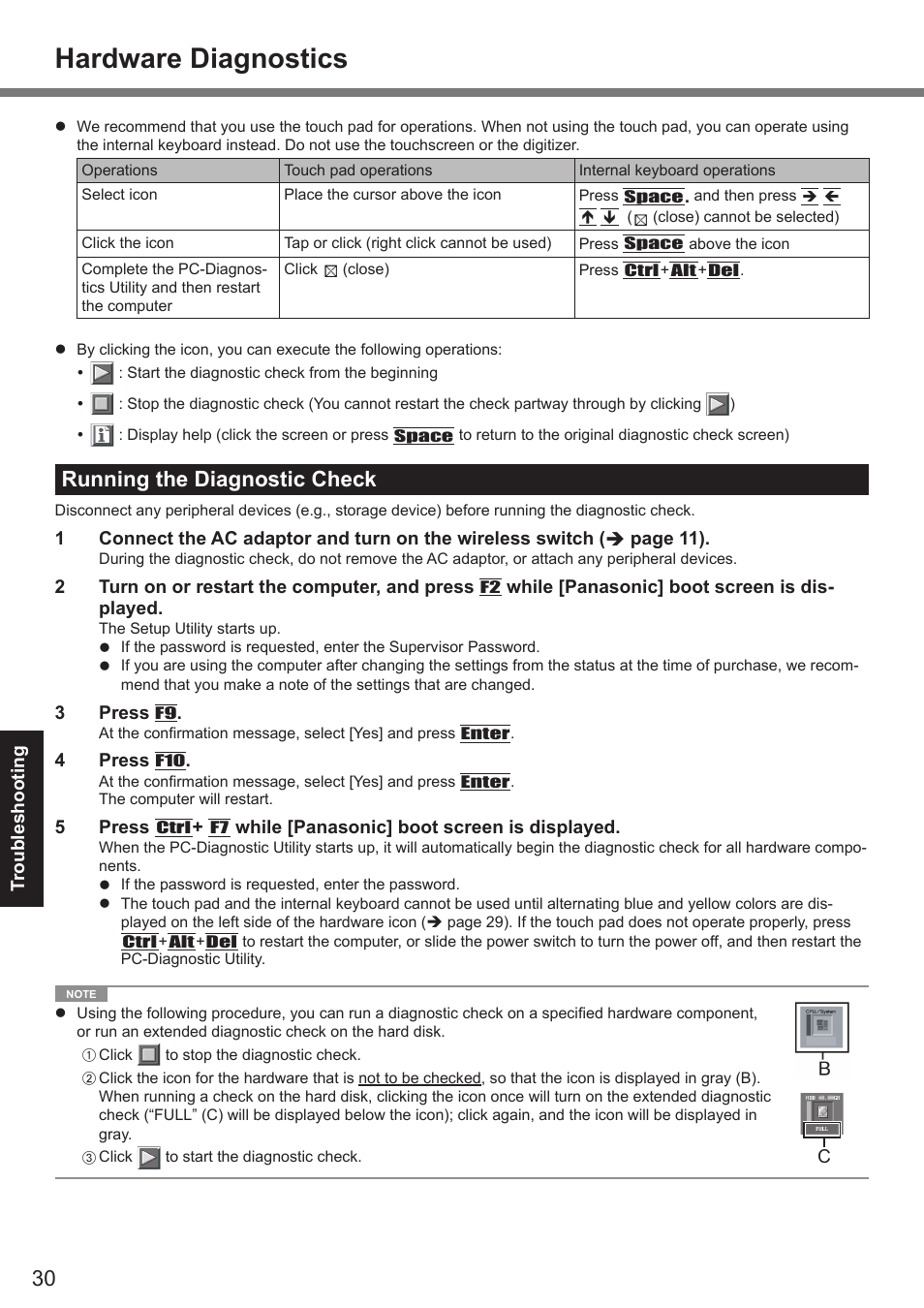 Hardware diagnostics, Running the diagnostic check | Panasonic CF-19 series User Manual | Page 30 / 40
