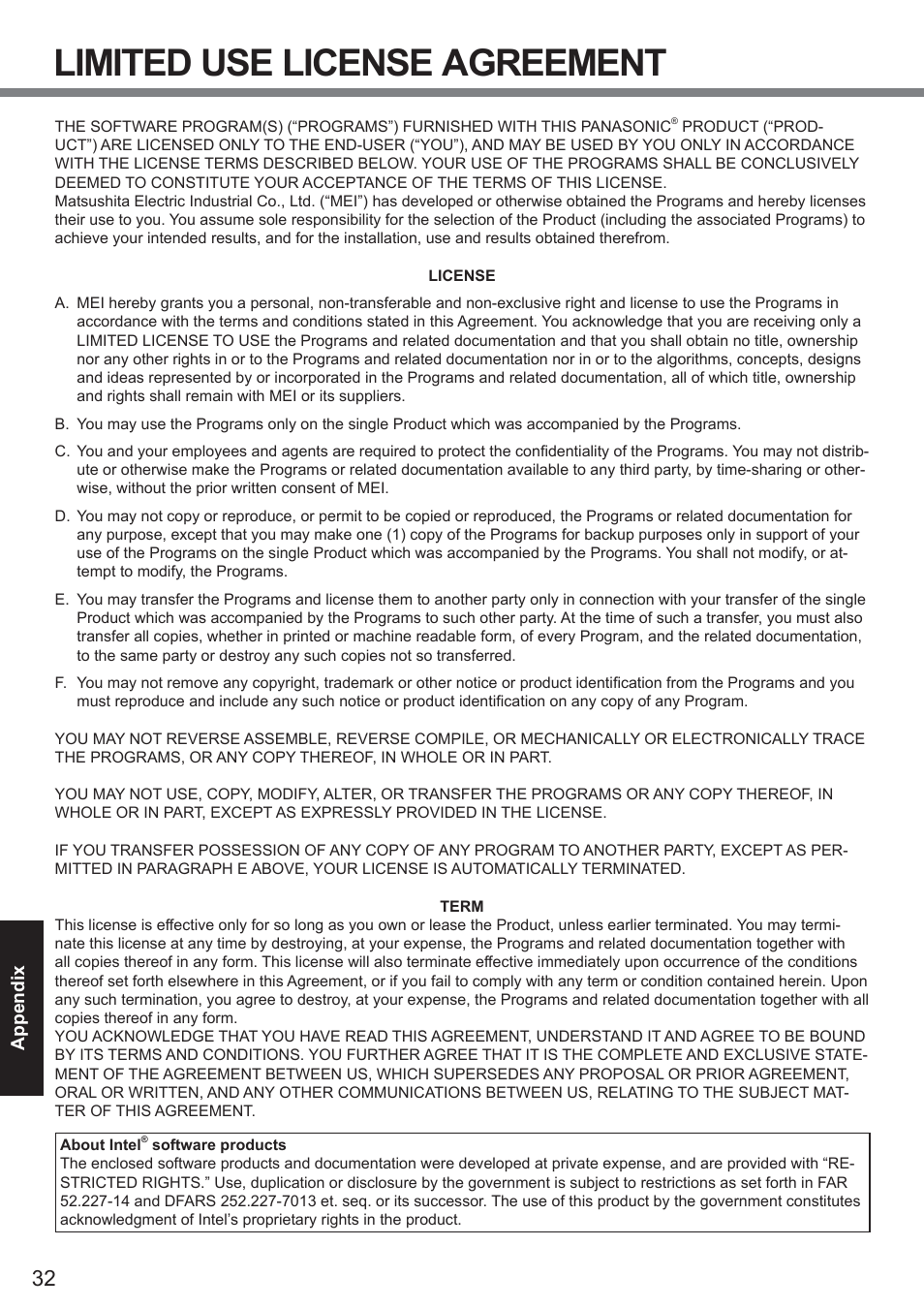 Limited use license agreement | Panasonic CF-19 series User Manual | Page 32 / 40