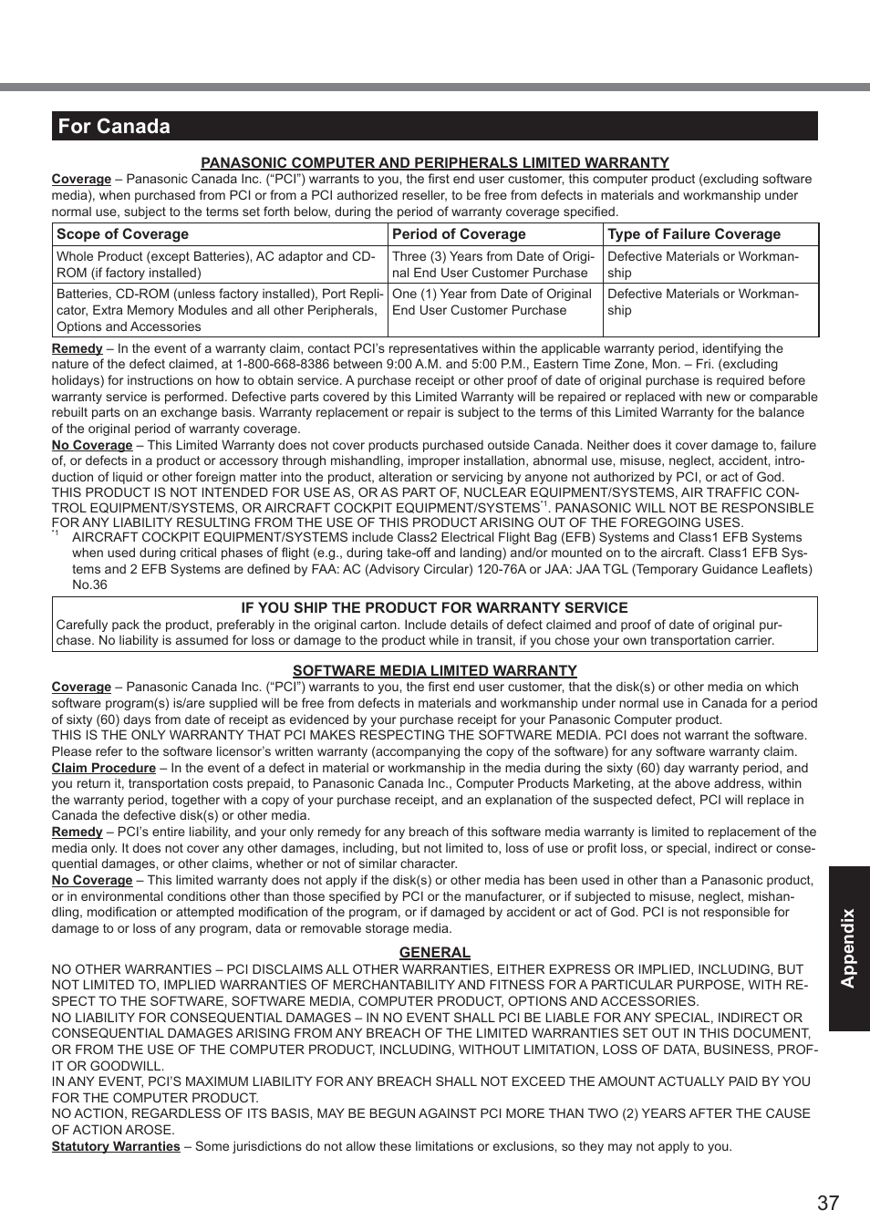 For canada, Appendix | Panasonic CF-19 series User Manual | Page 37 / 40