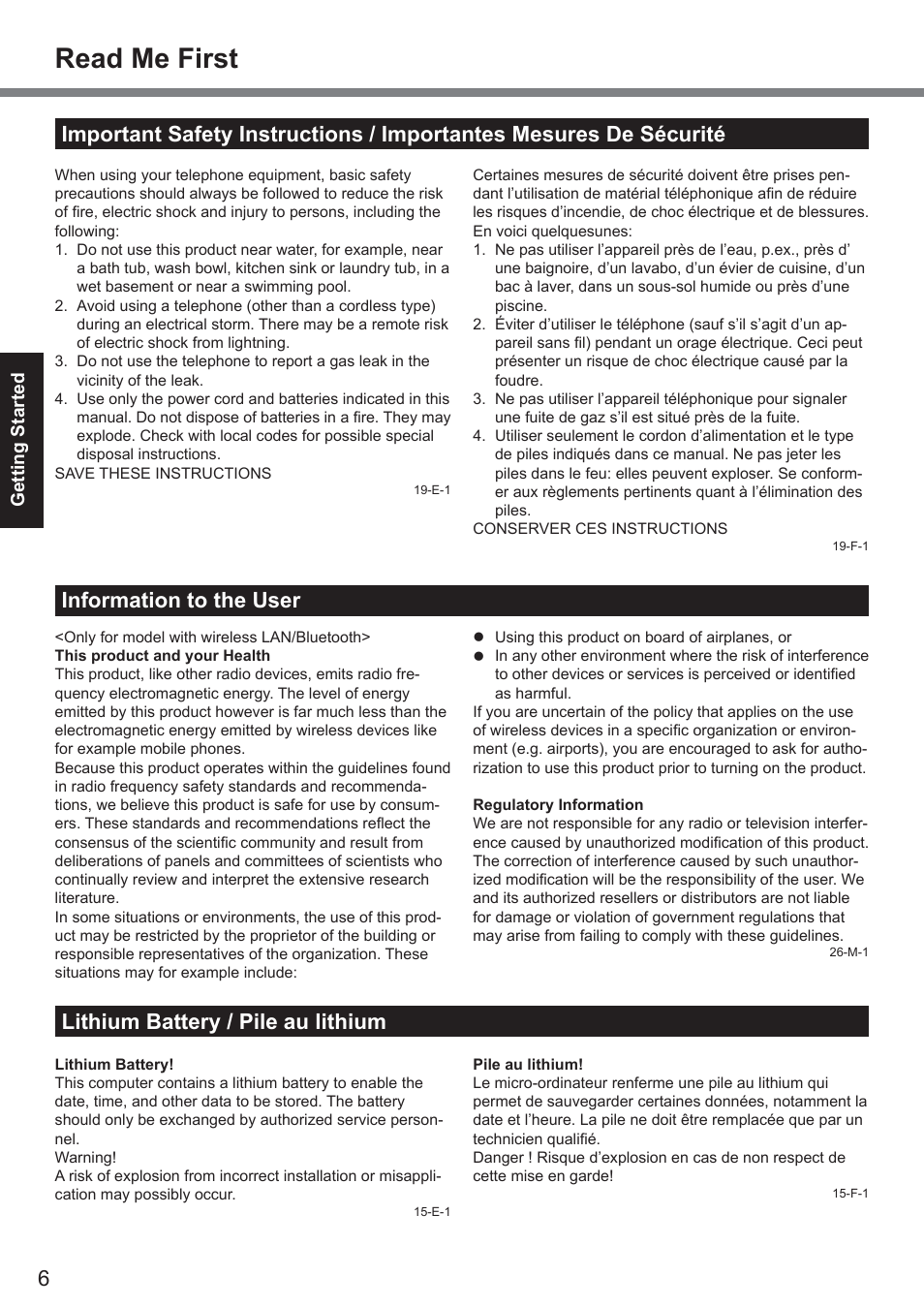 Read me first, Information to the user, Lithium battery / pile au lithium | Panasonic CF-19 series User Manual | Page 6 / 40