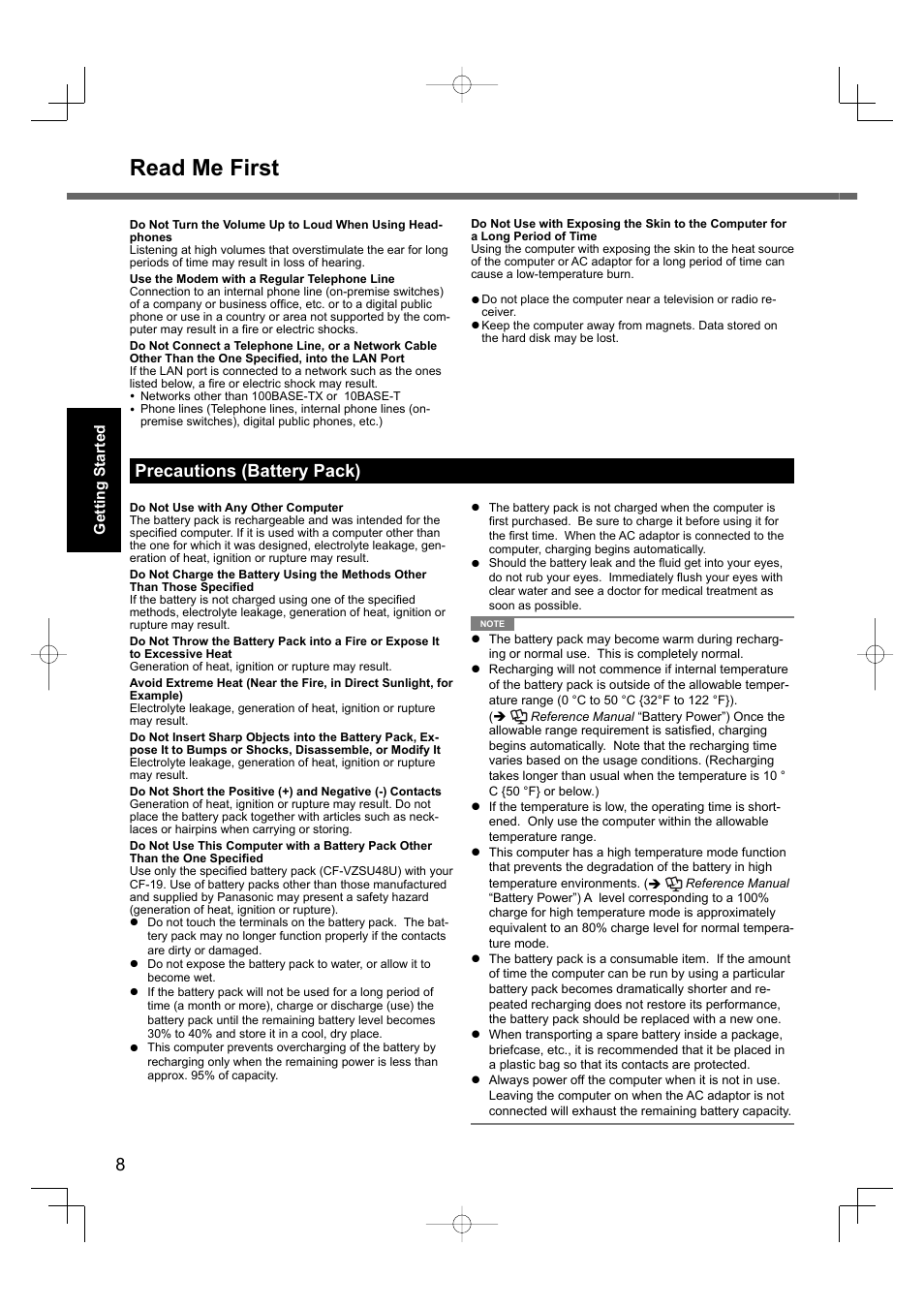 Read me first, Precautions (battery pack), Getting started | Panasonic CF-19 series User Manual | Page 8 / 40