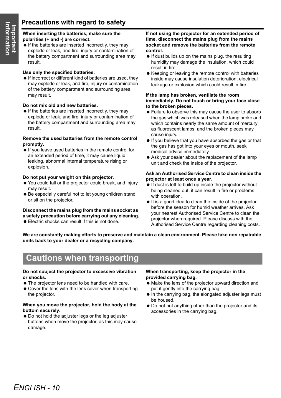 Cautions when transporting, Nglish - 10, Precautions with regard to safety | Important information | Panasonic PT-LW80NTE User Manual | Page 10 / 58