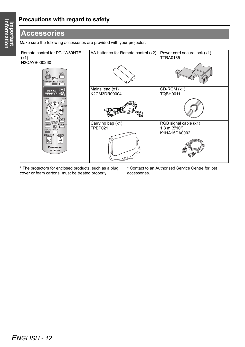 Accessories, Nglish - 12, Precautions with regard to safety | Panasonic PT-LW80NTE User Manual | Page 12 / 58