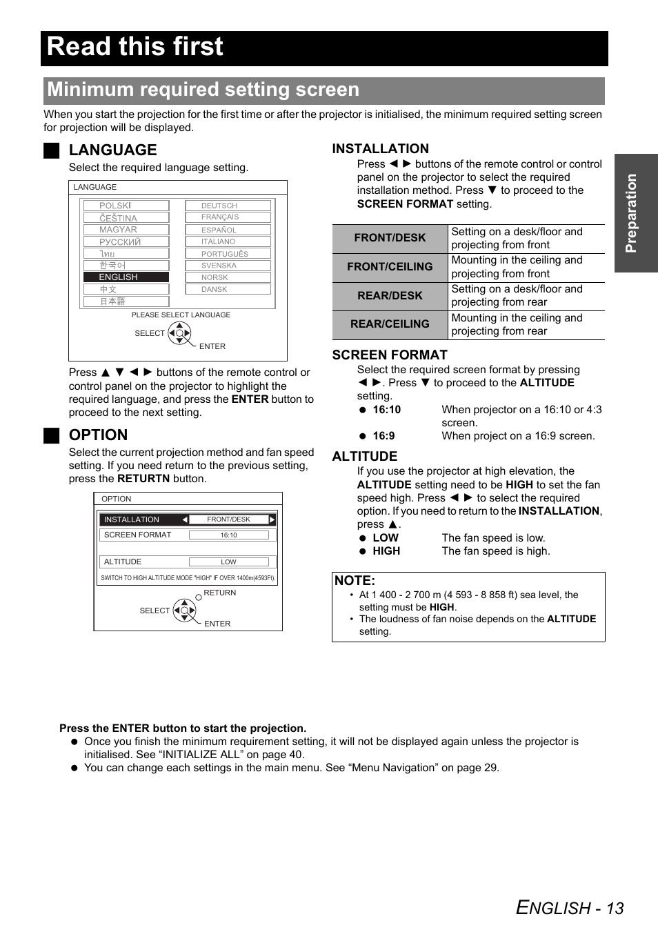 Read this first, Minimum required setting screen, Nglish - 13 | Jlanguage, Joption, Prep arat ion | Panasonic PT-LW80NTE User Manual | Page 13 / 58