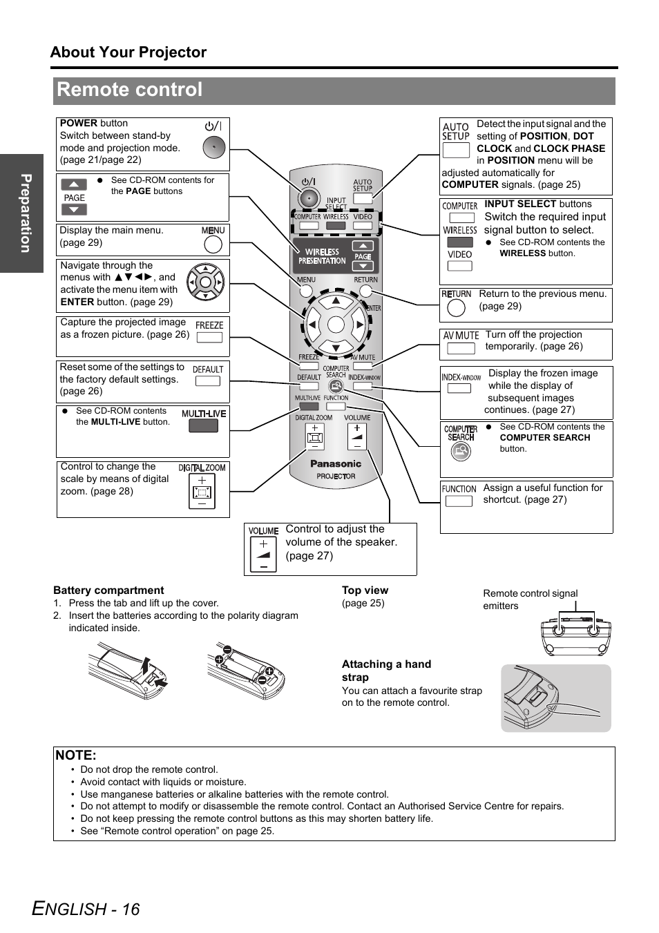 Remote control, Nglish - 16, About your projector | Preparation | Panasonic PT-LW80NTE User Manual | Page 16 / 58