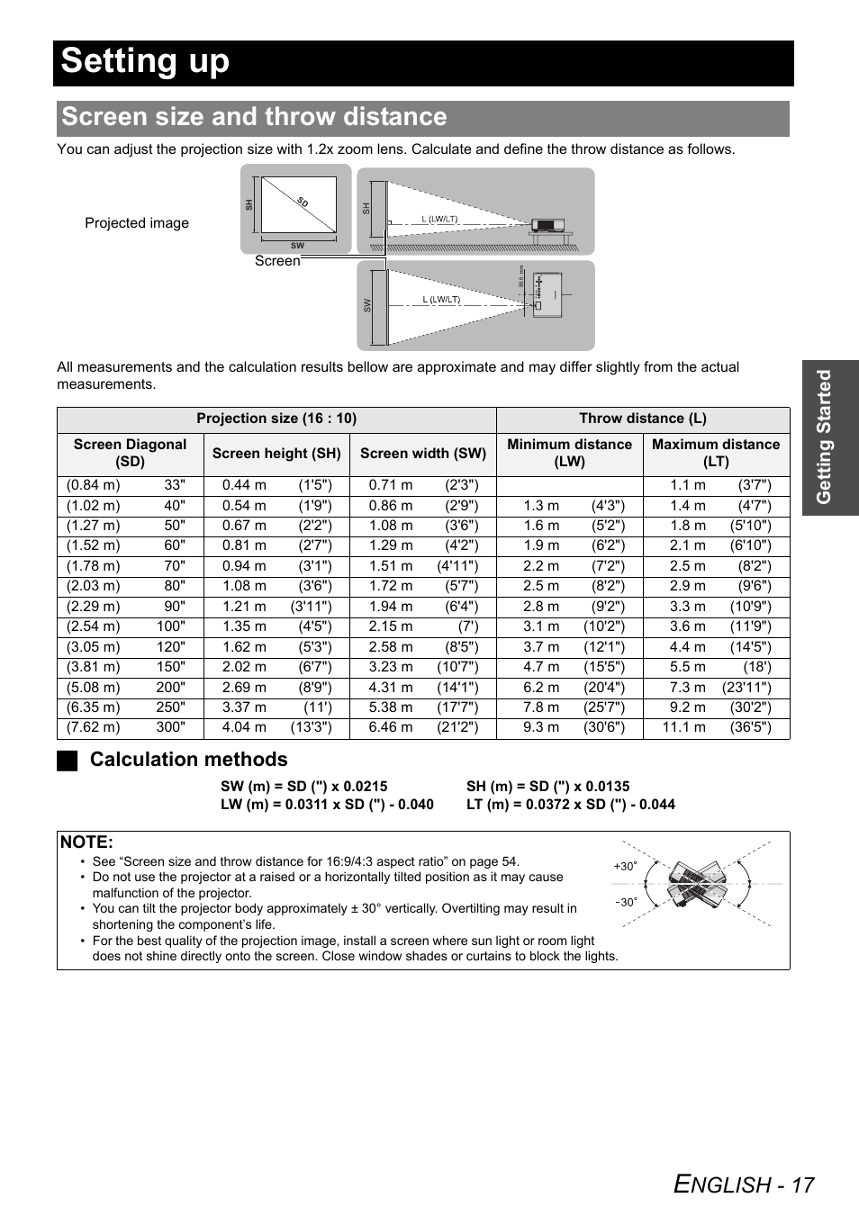 Setting up, Screen size and throw distance, Nglish - 17 | Jcalculation methods, Getting started | Panasonic PT-LW80NTE User Manual | Page 17 / 58