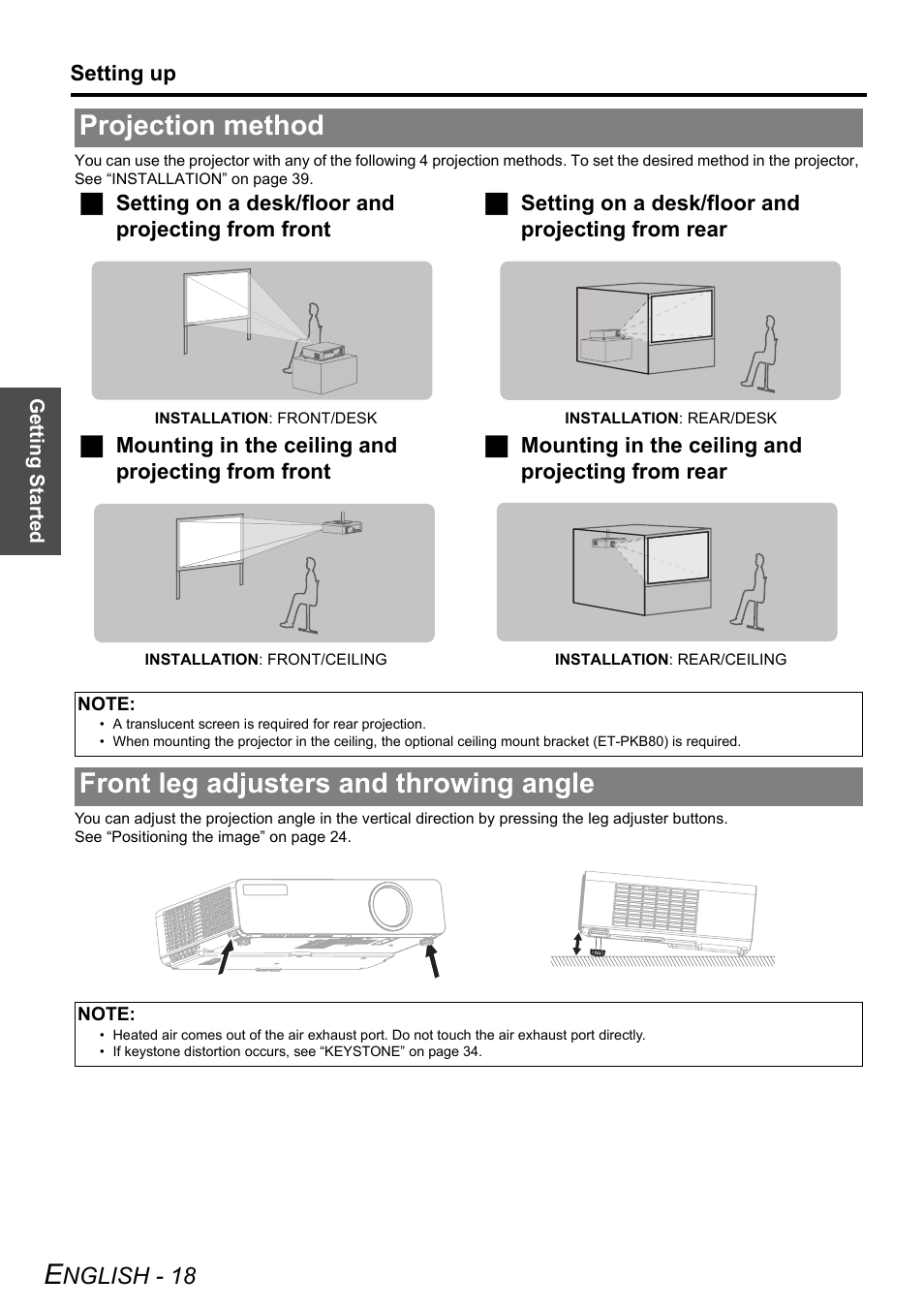 Projection method, Front leg adjusters and throwing angle, Nglish - 18 | Panasonic PT-LW80NTE User Manual | Page 18 / 58