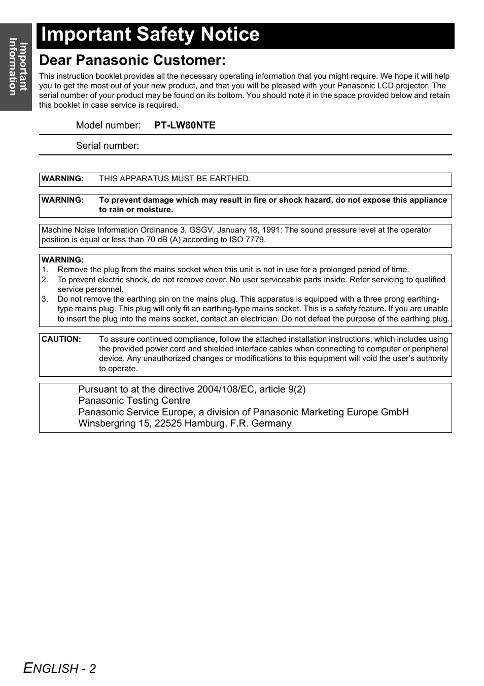 Important safety notice, Dear panasonic customer, Nglish - 2 | Panasonic PT-LW80NTE User Manual | Page 2 / 58